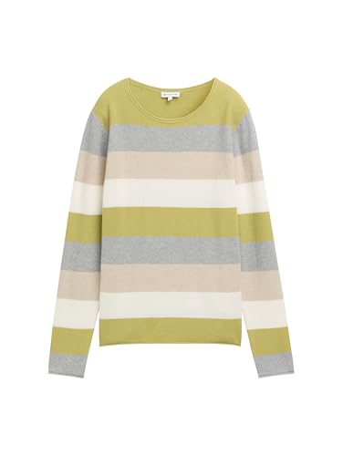 Tom Tailor Damen Strickpullover mit Rundhals, 37067 - Green Block Stripe, M – Ansicht 4