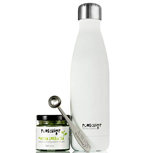 Matcha On The Go by PureChimp - Botella de 500 ml, té matcha de 50 g, cuchara de metal para servir