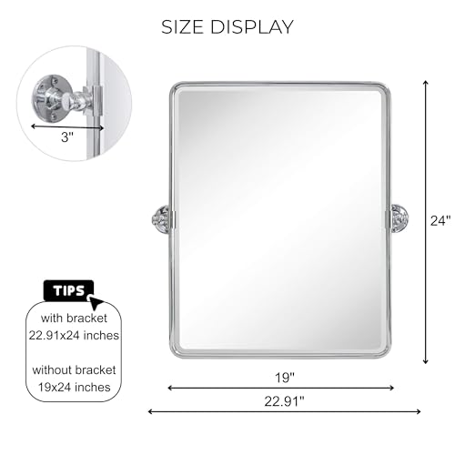 Image of TEHOME 20 x 24 inch Farmhouse Chrome Metal Framed Pivot Rectangle Bathroom Mirror Rounded Rectangluar Tilting Beveled Vanity Mirrors for Wall
