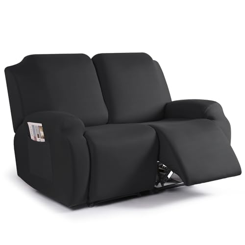 Image of TAOCOCO Recliner Loveseat Slipcover, 2 Pieces Polyester Fabric Stretch Sofa Covers for 2 Seat Reclining Couch, Soft Washable Furniture Protector with Pockets (2 Seat, Black)