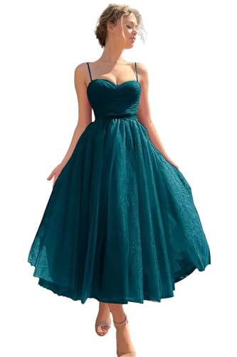 Image of A line Ruched Tulle Prom Dress Spaghetti Straps for Women, Tea Length Sweetheart Homecoming Dress Cocktail Dress