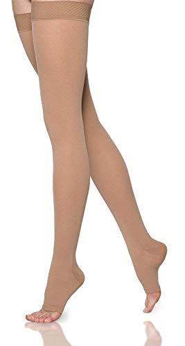 SIGVARIS Women’s Essential Opaque 860 Open Thigh-Highs w/Grip Top 20-30mmHg - Light Beige - Medium Short