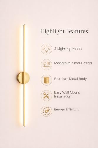 Image of SAH Modern LED Gold Wall Light Vertical Metal Wall Lamp Soft & Bright LED 3 Step Color Changing, Ambient Lighting Ideal for Living Room, Bedroom, Hallway, Bathroom and Home Decoration