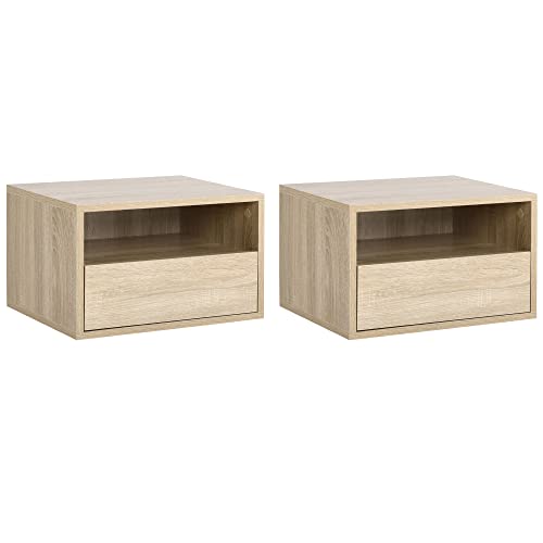 HOMCOM Lot de 2 Tables de Chevet murales - Lot de 2 Tables de Nuit - tiroir Coulissant, Niche, Plateau - Panneaux Particules Aspect chêne Clair