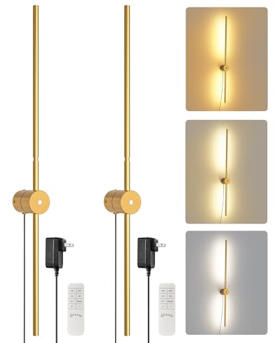 GOEBLESON 33" Wall Sconces Set of 2 with Remote Control, Dimming & 3 Color Temperatures, Plug-in Gold Wall Lights for Bedroom, Living Room, Adjustable Brightness & Rotatable Lamp Post, D09YBP205