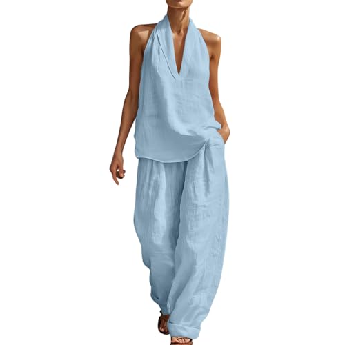 Two Piece Sets for Women Summer V Neck Halter Tops Casual Wide Leg Pants Beach Holiday Trendy Pantsuits