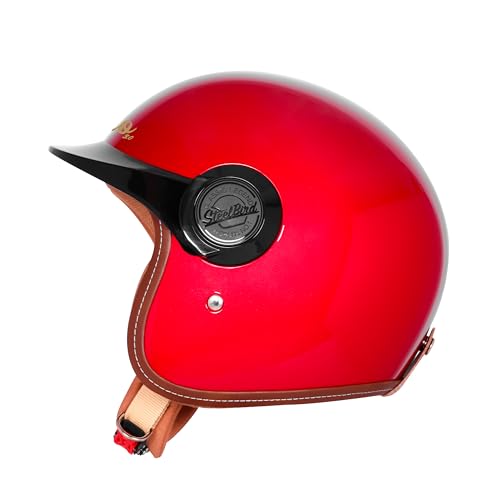 Image of Steelbird SBH 65 Retro 3.0 DOT and ISI Certified Open Face Helmet for Men and Women (Large 600 MM,Glossy Cherry Red with Black Peak)