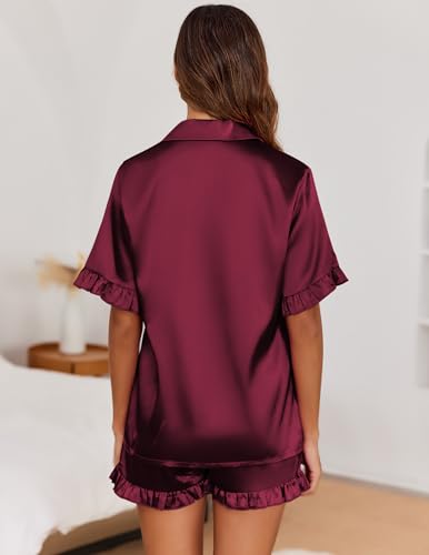 Image of Ekouaer Satin Pajama Set for Women Button Down Silk 2 Piece Pj Sets Ruffle Short Sleeve Sleepwear