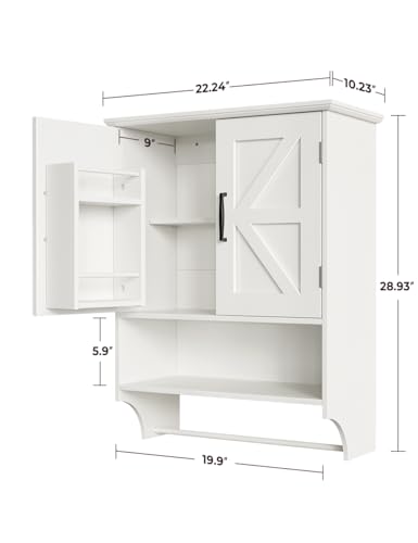 Tatub Farmhouse Bathroom Wall Cabinet, Wall Mounted Wood Medicine Cabinet Over Toilet, Hanging Bathroom Organizer with Behind Door Storage, White