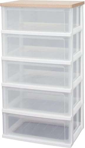 チェスト 5段 届いてすぐ使える完成品 ワイド 幅55.6×奥行41×高さ101.8cm オーク木天板 組立不要