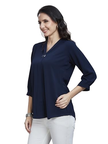 Image of nioni Women's Purple Poly Linen Blend Tunic Top with 3 /4 Sleeves, Printed Yoke, Kantha Stitch Detailing & Mandarin Collar