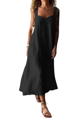 Image of chouyatou Women's Summer Spaghetti Strap Sleeveless Linen Overall Dress Casual A-Line Midi Long Beach Dress