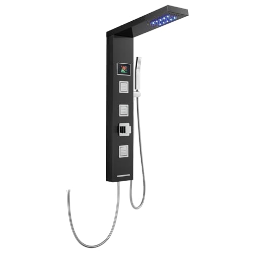KINKIBOS Duschpaneel ohne Armatur Schwarz, 4 Funktionen Duschpaneel mit Regendusche, 3 Massagedüsen, Handbrause und Wanneneinlauf, Duschsäule aus Edelstahl 304, Messing Verteiler