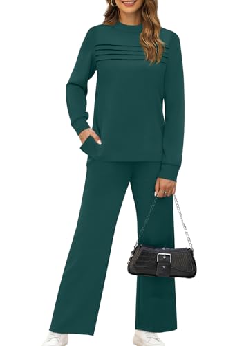 Image of WIHOLL Two Piece Sets for Women Fall Travel Vacation Outfits 2026 Long Sleeve Lounge Sets Side Slit Wide Leg Pants XS-3XL