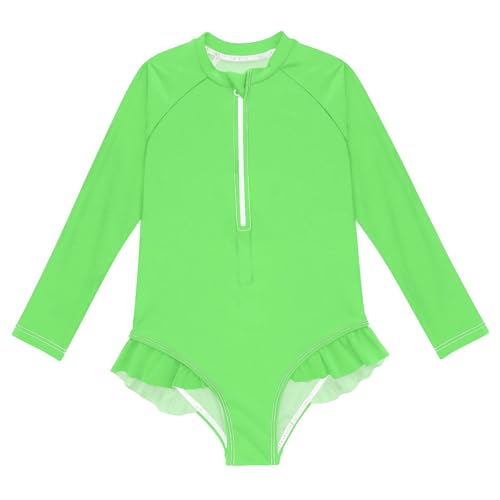Fluorescent Green Girls Long Sleeve Rashguard Swimsuit UV Protection One-Piece