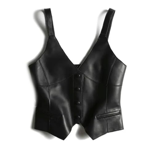KWTF Chaleco de Cuero PU con Cuello en V para Mujer, Chaleco sin Mangas con una hilera de Botones, Chaqueta Corta, Abrigo, Chaquetas de Moda Coreana para Mujer