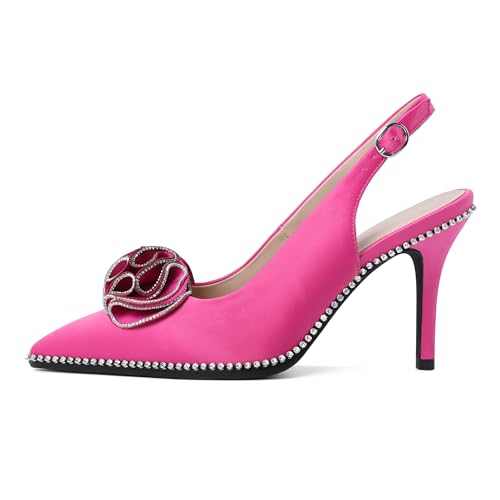 Eldof Women Slingback Heels Beaded Rhinestone Pointed Toe Flower Bow High Heel Pumps Shoes 3.5 Inches2