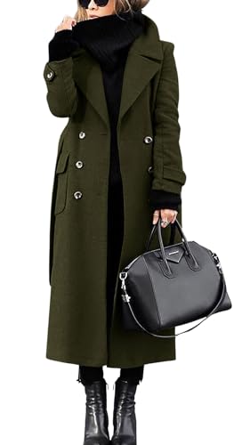 chouyatou Women's Winter Double Breasted Wool Coat Business Casual Long Winter Pea Coat with Belt (X-Large, Army Green)