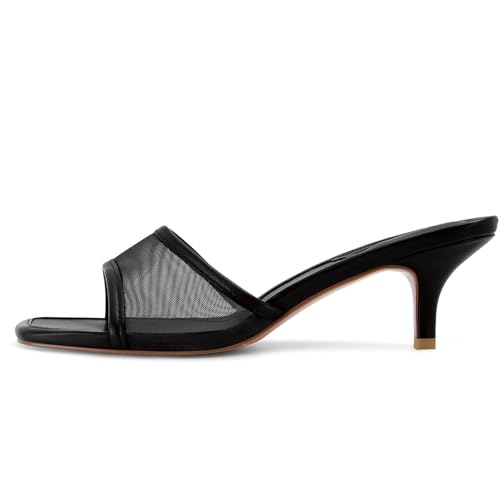 Image of Dsevht Black Kitten Heel Sandals Stiletto Low Heels Slip On Slides Mule Sandal Square Open Toe Dress Shoes for Women