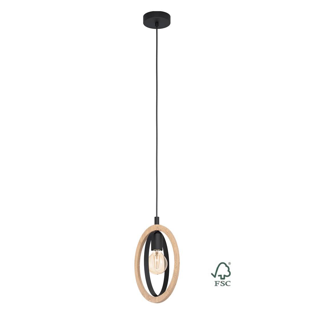 Eglo lámpara colgante Basildon, vintage, industrial, retro, lámpara colgante de acero y madera en negro, natural, lámpara de mesa de comedor, lámpara colgante de salón con casquillo E27