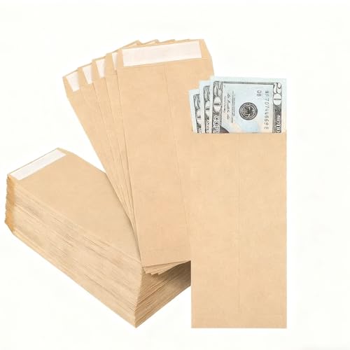 50 sobres autoadhesivos de papel kraft marrón de 4.72 x 3.2 pulgadas, pequeños soportes para dinero en efectivo para salarios, notas, cuentas y almacenamiento de artículos