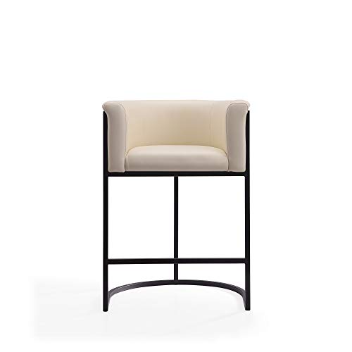 Butacos de altura intermedia Cosmopolitan Manhattan Comfort, tapicería en cuero vegano, acolchado grueso de espuma, base metálica con reposapiés, totalmente ensamblados, juego de 3, color crema miniatura 5