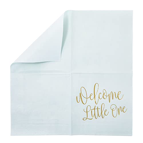 50 Pack Light Blue Baby Shower Cocktail Napkins For Boy, Gold Foil Welcome Script Design, Gender Reveal Party Supplies (5X5 In) #TOP3