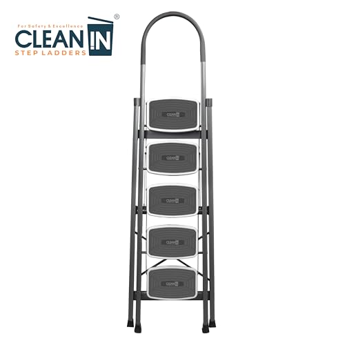 Image of CLEAN IN 5 Step Premium Foldable Household Steel Ladder ~ for Home, Garage, Kitchen. Wide & Anti-Skid Steps, 150 kg Load Capacity, Reinforced Hinges ~ (Shades of Grey)
