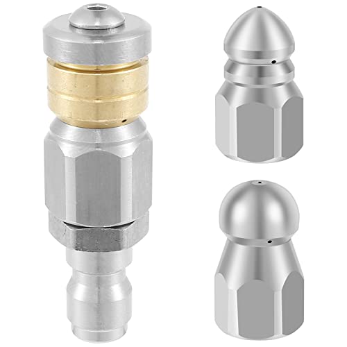 [-] 3Pcs Sewer Jetter Nozzle Stainless Steel Quick Connect Drain Jet Hose Nozzle 5000 PSI High Pressure Washer Nozzle with 1/4 Inch Connector for Cleaning Sewer Industrial Pipe [-]