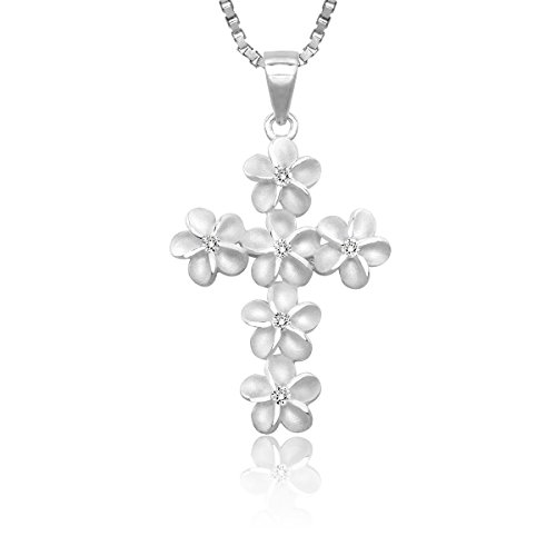 Honolulu Jewelry Company Sterling Silver Plumeria Cross CZ Necklace Pendant with 18" Box Chain