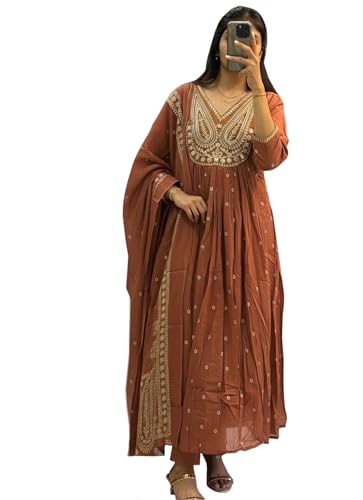 Image of ANNI Designer Women's Rayon Viscose Printed Embroidered Anarkali Kurta with Pant & Dupatta | Ethnic Kurti Set with Embroidery | Soft Comfortable Fabric | Stylish Outfit for Festive, Office