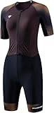 MY KILOMETRE Women's Triathlon Suit – Quick-Drying Sleeves One-Piece Tri Suit with Front Zip and UPF 50+ Brown