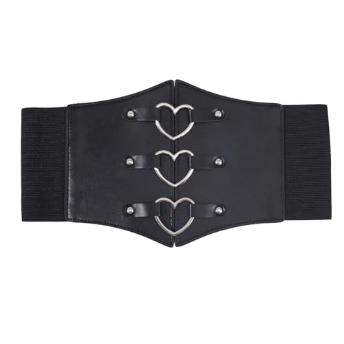 GLOBLELAND Women Corset Belt PU Leather Wide Elastic Corset Belt Waspie Corset Belts Stretchy Waist Cinch Trimmer Belt with Heart Alloy Findings for Daily Cosplay Women Lady, Standard, Black