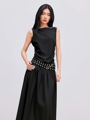 CIDER Maxi Dress for Women Sleeveless Boat Neck Woven Belted Low Waist Elegant Daily Casual Maxi Dress3
