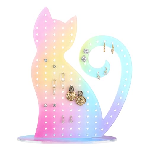 Tondiamo Cat Earring Holder Iridescent Acrylic Earring Organizer with 136 Holes Colorful Jewelry Display Stand for Girls & Women Ear Stud Holder Gift for Cat Lovers