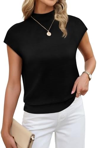 Mock Neck Tops for Women Spring Summer Sweaters Turtleneck Tops Business Casual Outfits Trendy Office Clothes Short Sleeve Shirts Dressy Work Blouses Teacher Black T Shirts 2026 M