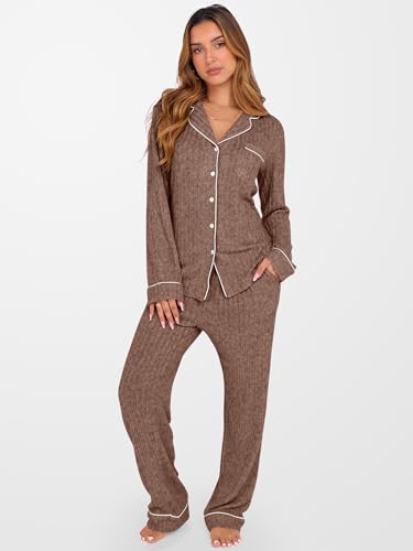 ANRABESS Women Pajama Lounge Sets 2025 Fall 2 Piece Outfits Ribbed Long Sleeve Matching PJ Set Sleepwear Loungewear2