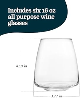 Libbey Stackable Stemless Wine Glasses Set of 6, Tapered Bulb Shaped All Purpose Wine Glass Set, Dishwasher Safe Glass Wine Glasses, Cocktail