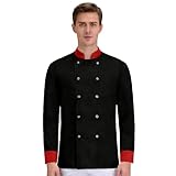 Mens Double-Breasted Chef Coat Classic Stand Collar Tailored Long Sleeve Chef Jacket Professional Kitchen Apparel（3-Black,Large