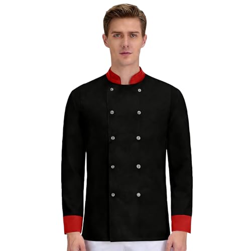 Mens Double-Breasted Chef Coat Classic Stand Collar Tailored Long Sleeve Chef Jacket Professional Kitchen Apparel（3-Black,Large