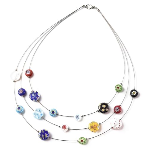 SHOP LC DELIVERING JOY Murano Style Millefiori Glass Layered Necklace - Beaded Necklaces for Women Trendy - Colorful Flower Jewelry Stainless Steel 18