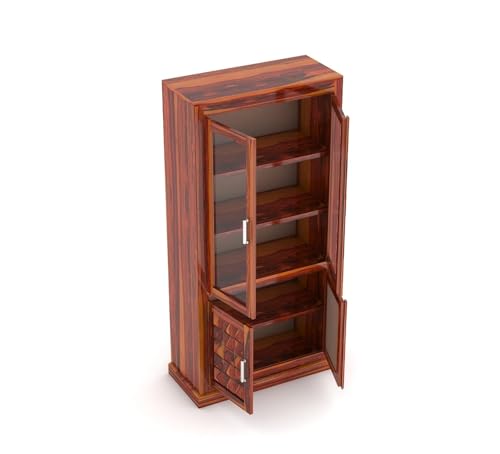 Image of Sheesham Wood Bookshelf with Glass Door for Home Library Solid Wood Bookcase Wooden Crockery Cabinet for Kitchen Book Shelf (Natural Finish)