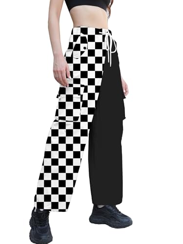 Image of Betusline Girls & Women's High Waist Wide Leg Cargo Pants Y2K Parachute Pants with Pockets and Drawstring 6 Years-Women 2XL