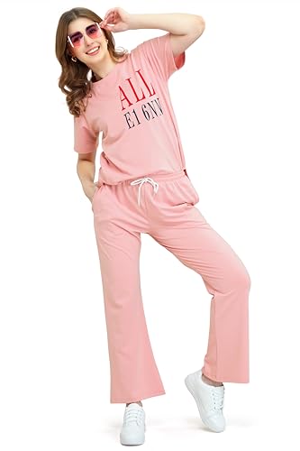 Image of ZEYO Women's Cotton Typography Wide Bottom Night Suit Set of Top & Pajama Set