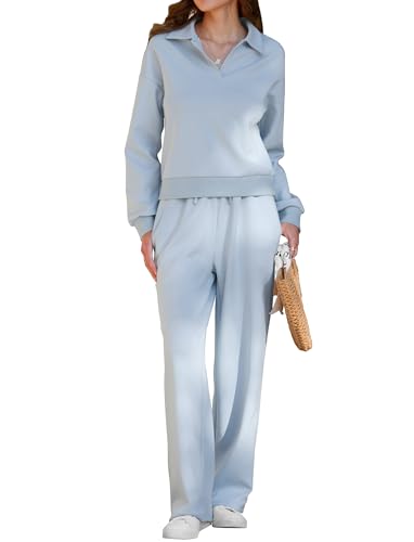 KFUBUO - Conjuntos de otoño para mujer 2025 de 2 piezas, sudadera de manga larga y pantalones de pierna ancha, chándal casual, Azul glaciar, M