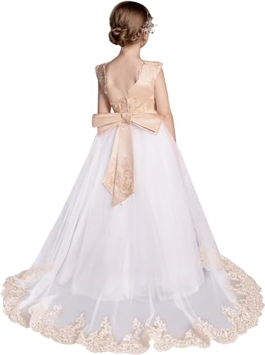 Tulle First Communion Dress for Girls Lace Applique Flower Girl Dress Long Ball Gown with Bow-Knot