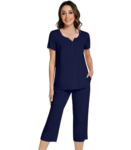 Image of NACHILA Pajamas Set for Women-Viscose Made from Bamboo, Short Sleeve Sleepwear with Capri Pants Pajama V Neck Cool Pjs Navy Blue S