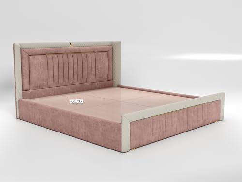 Image of Acacia Modern Upholstered King Size Bed with Box Storage for Bedroom | Wooden Double Bed with Storage | Platform Cot Bed with Upholstery Premium Fabric | 6.5 x 6 Ft | Sheesham Wood | Dusty Rose