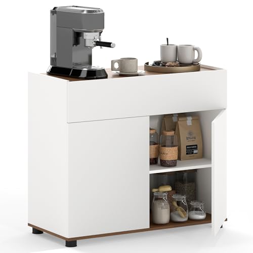 FANTASK Küchenschrank mit Arbeitsplatte, Buffetschrank mit Schublade & 2 Türen, Aufbewahrungsschrank Landhausstil, Sideboard Grifflosem Design für Küche, Esszimmer & Wohnzimmer (Weiß)