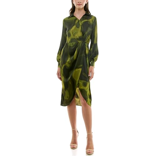 Nicole Miller Women's Long Sleeved Shirt Collar Surplice Satin Shirt Dress, Printed Green, 10 at Amazon Women's Clothing store